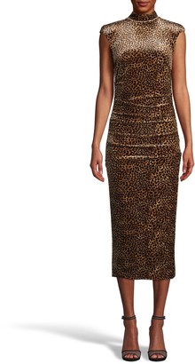 Nicole Miller Leopard Velvet Mock Neck Midi Dress