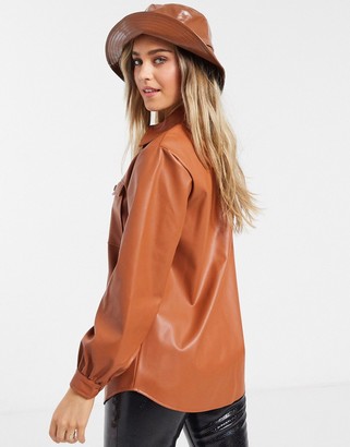 New Look utility leather look shacket in rust