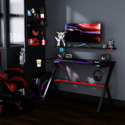 Inbox Zero Homcom 47 Inch Gaming Desk Racing Computer Desk Home Office Workstation With Elevated Monitor Shelf Rotatable Cup Holder Headphone Hook