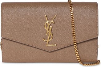 Saint Laurent Uptown Grained Leather Chain Wallet In Taupe