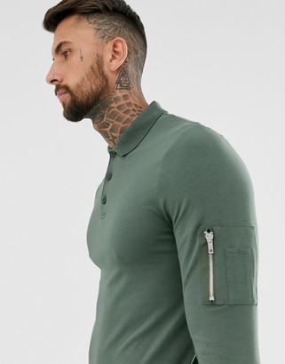 ASOS DESIGN DESIGN skinny long sleeve polo shirt with MA1 pocket in khaki