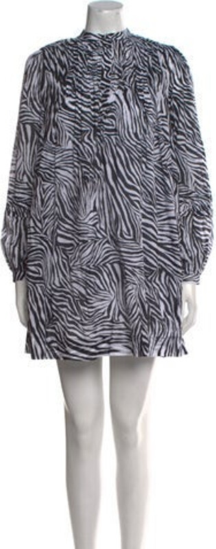 Michael Michael Kors Tent Dress Black Printed Pleated Accents Long Sleeve with Mock Neck Button Closure at Front Designer