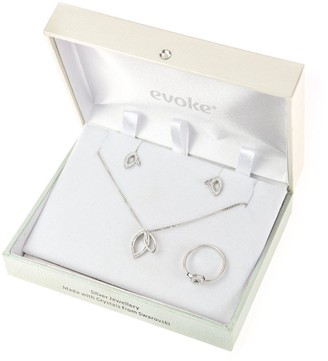 Evoke Sterling Silver Swarovski Crystal Interlocking Leaf Stud Earrings, Pendant And Ring Set R