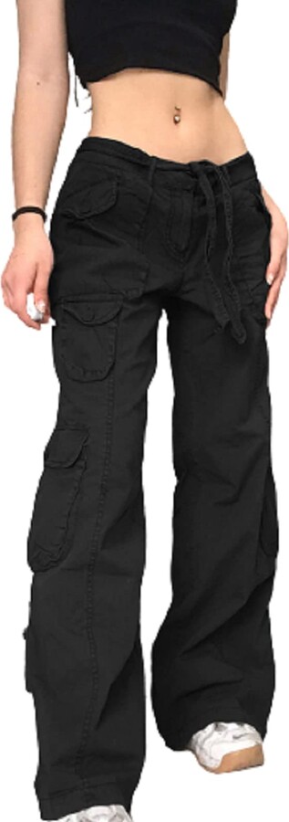 Junliber Women Y2K Baggy Jeans Low Rise Cargo Denim Pants Straight Wide Leg  Distressed Trousers Indie Aesthetics Vintage Streetwear (Z-Brown - ShopStyle