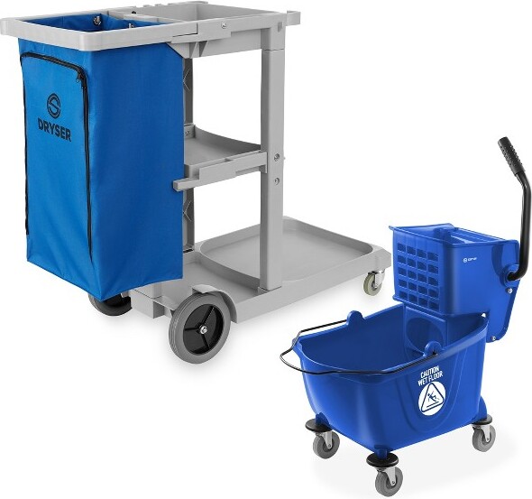 DryserCommercialJanitorialCleaningCartonWheelswithShelvesandVinylBag&CommercialMopBucketwithSidePressWringer26Qt.Blue