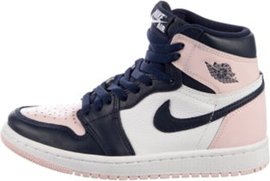 Jordan 1 Retro High OG Atmosphere High Top Athletic Sneakers From the 2021 Collection Blue, Pink & White Patent Leather Colorblock Pattern Leather Trim Round-Toes Lace-Up Closure at Uppers