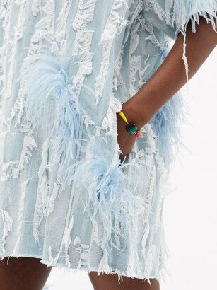 Marques Almeida Feather-trimmed Distressed Denim Mini Dress - Light Denim