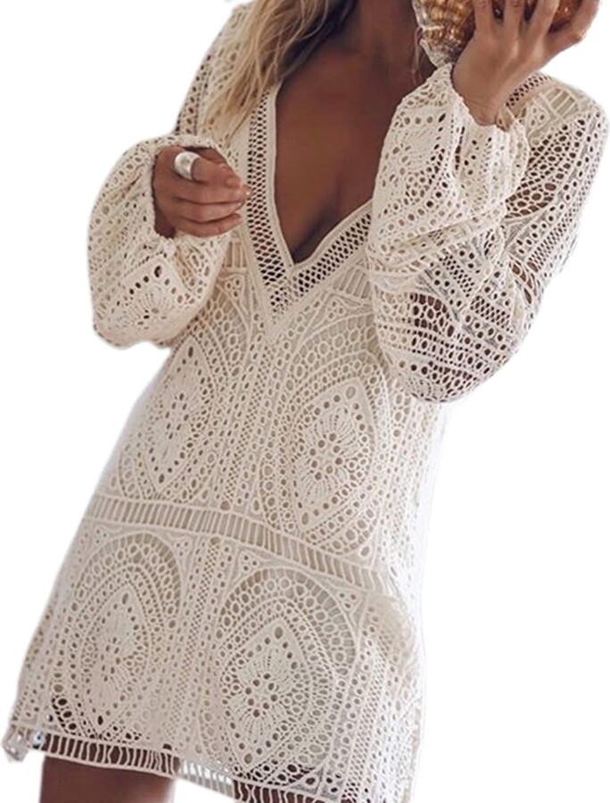 ShapeW Women Summer Puff Long Sleeve Beach Dress Sexy Deep V-Neck Backless  Hollow Out Crochet Knit Cover Up White - ShopStyle
