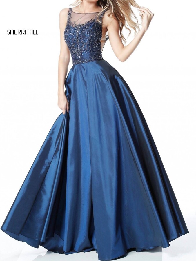 Sherri Hill Illusion Neckline Beaded Bodice Dress In Navy