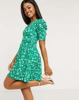 Thumbnail for your product : Lipsy puff-sleeved wrap-front mini tea dress in green spot print