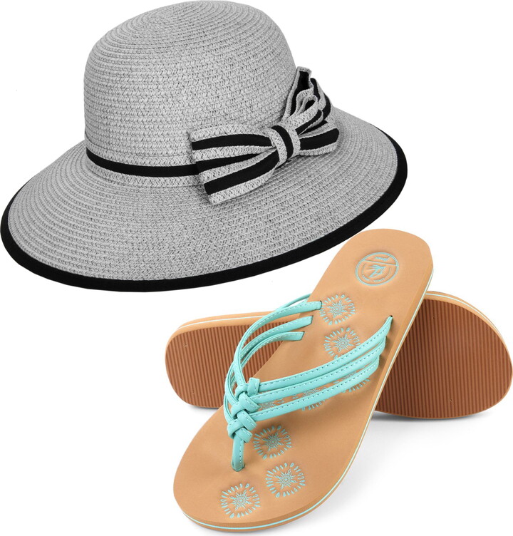 Women's Panama Styled Woven Straw Hat and Foam Flip Flop Sandals Set US Women's Shoe Sizes 7-10