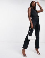 Thumbnail for your product : Flounce London Club plunge neck belted jumpsuit in black
