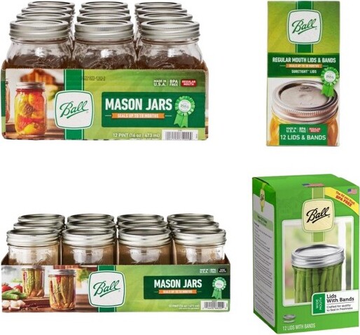 Ball BallGlassMasonJars12PintSize16OunceWideMouthJars+12RegularMouthJars+12RegularandWideMouthLids/BandsVarietyPack