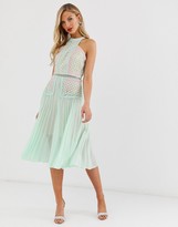 Thumbnail for your product : True Decadence premium halter neck midi dress with contrast lacel panels and pleated skirt in tonal mint