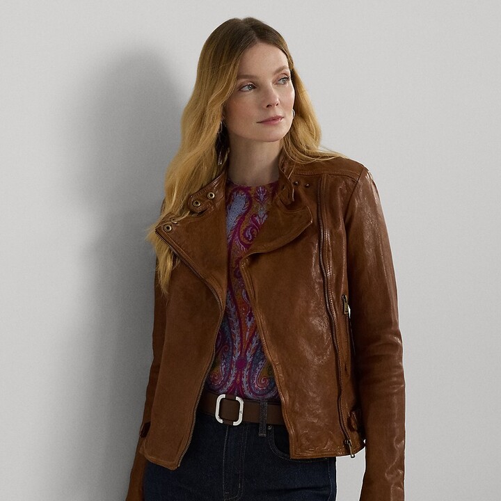 Lauren Petite Ralph Lauren Burnished Leather Moto Jacket - ShopStyle