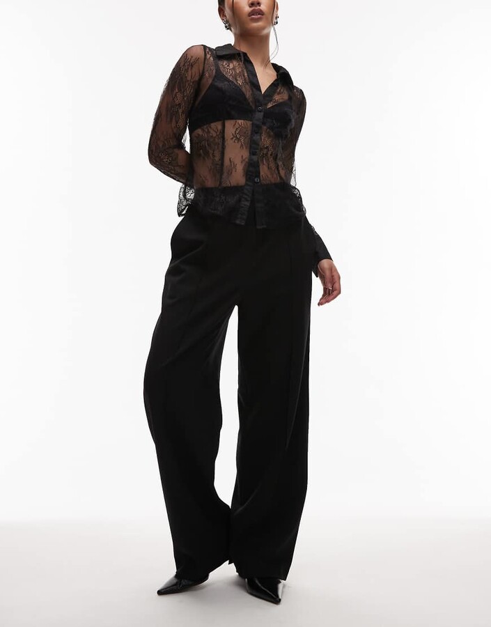 Arket satin wide straight leg tailored pants with elastic waist in black