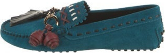 Tod's Suede Moccasins Blue Leather Tassel & Whipstitch Accents Round-Toes Includes Box & Dust Bag