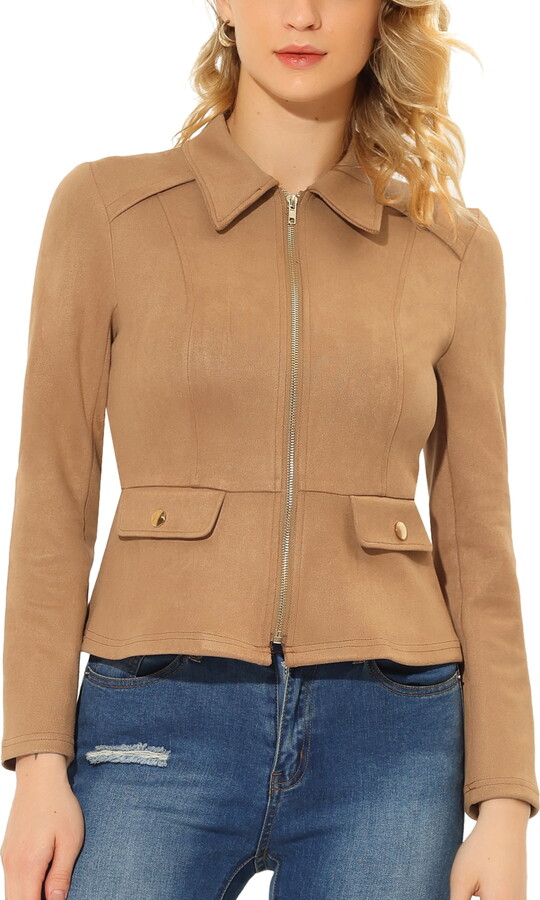 Unique Bargains Juniors Turn Down Collar Zip Up Faux Suede Motorcycle Short Jacket
