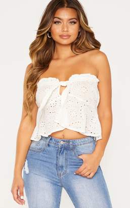 PrettyLittleThing Peach Broderie Anglaise Bardot Tie Front Crop Top