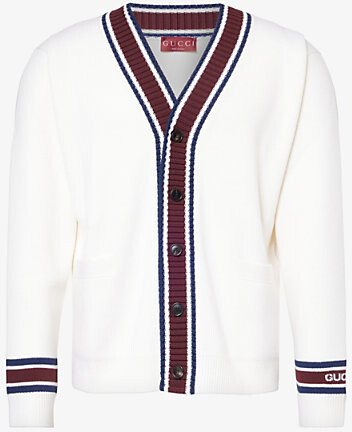 Gucci Mens White Mix Striped V-Neck Relaxed-Fit Wool Cardigan S