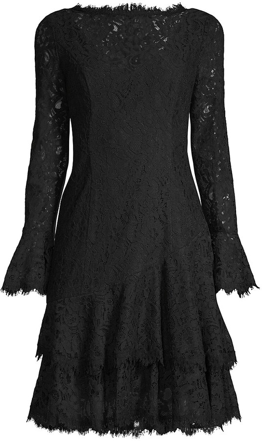 EZON-CH Womens Black Lace Nude Illusion Long Sleeves Dress 
