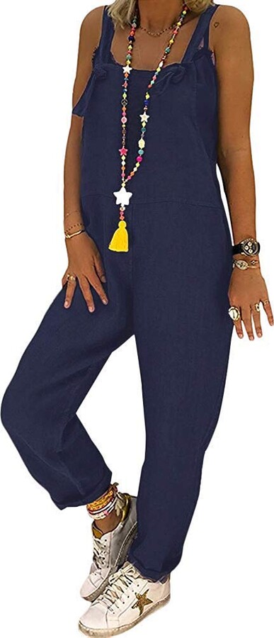 Top-Vigor Women Plus Size Sleeveless Cotton Jumpsuit Rompers Baggy Trousers Loose Overall Wide Leg Pant Pockets Casual Solid Spaghetti Suspender Dungarees Playsuit 