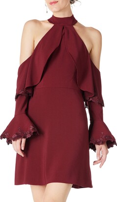 Social Graces Women's Cold Shoulder Lace Trim Long Ruffle Bell Sleeve Stretch Crepe Knee-Length Party Dress 8 Burgundy