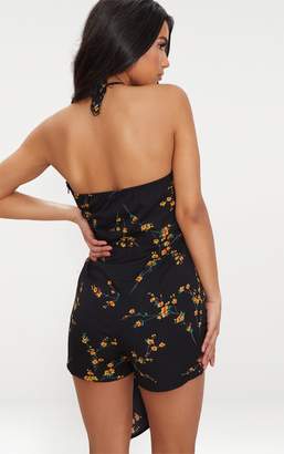 PrettyLittleThing Black Floral Tie Front Playsuit