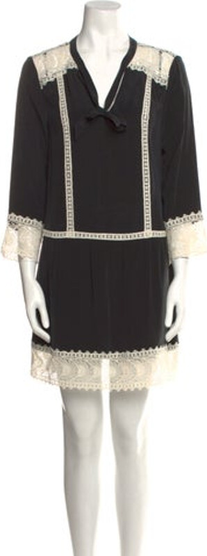Joie Silk Shift Dress Black Lace Trim Embellishment Three-Quarter Sleeve with V-Neck Sash-Tie Closure at Front Designer