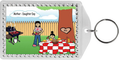 Printed Perfection Personalized Name That Toon Family Backyard Barbeque Single Mom 1 girl Rhinestone Bordered Key Chain