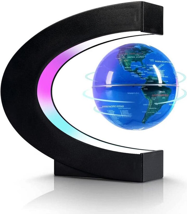 Angel Sar 7 in. x 6.8 in. C Shape Magnetic Levitation Floating Globe with LED Lights, Anniversary Item for Desk Decor, Blue