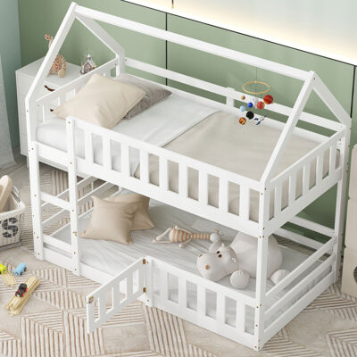 17 Stories Twin Over Twin House Bunk Bed With Fence And Door