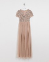 Thumbnail for your product : Maya Petite Bridesmaid v neck maxi tulle dress with tonal delicate sequins in taupe blush