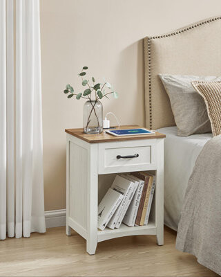 Red Barrel Studio Farmhouse Nightstands With Charging Station Bedside Tables Side Tables With Drawer Open Compartment For Bedroom (Rustic White And Honey Brown /Se