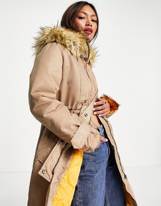 French Connection faux fur lined parker jacket in beige and mustard