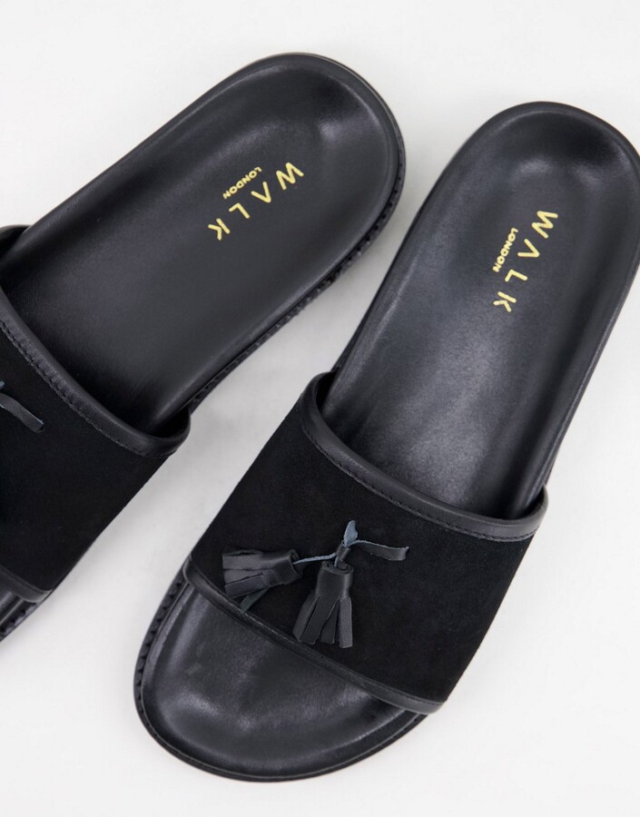 Walk London Ronny tassel slide sandals in black suede - ShopStyle