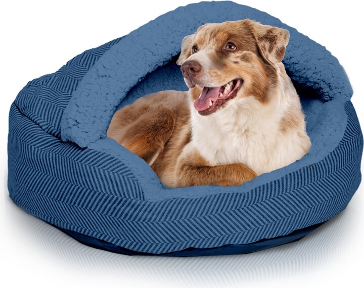 Details Pet Cave Bed, Calming Hooded Dog Bed with Pouch for Small Dogs and Cats, Herringbone Canvas Fleece Deep Dish