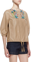 Thumbnail for your product : RED Valentino Shiny Napa Leather Jacket with Flower Appliques, Natural
