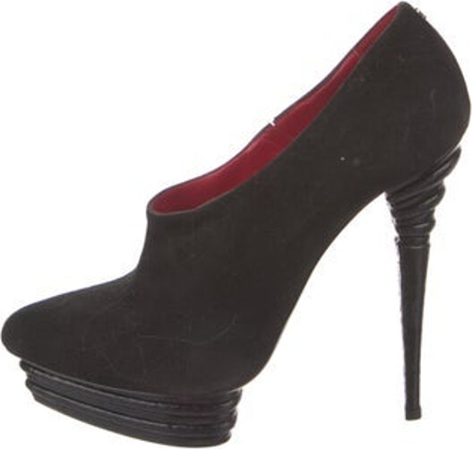 Cesare Paciotti Suede Pumps Black Semi-Pointed Toes Platform Mary Jane Strap & Concealed Zip Closure at Sides
