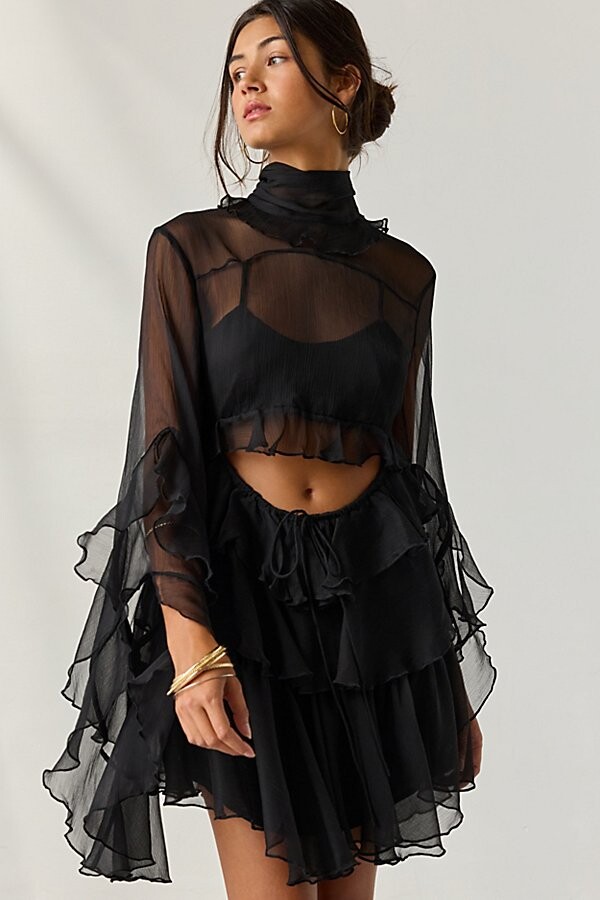 Bardot Anyssa Tiered Ruffle Cutout Babydoll Mini Dress in Black