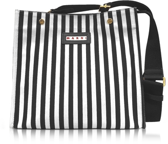 Marni Black Stripe Canvas and Leather Voile Bag