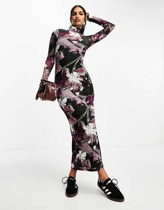 Long Sleeve Floral Dress With High Neck