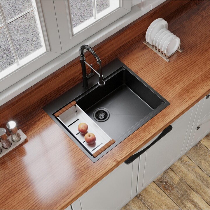 flynama 30inch Drop In Black Workstation Kitchen Sink 16 Gauge Stainless Steel with Full Accessories