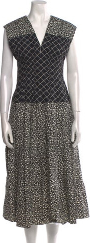 Tory Burch A-Line Dress Black Printed Pleated Accents Short Sleeve with V-Neck Concealed Zip Closure at Back Designer