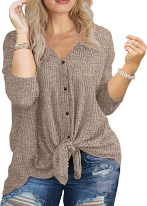 T Shirts for Women,Womens Casual Long Sleeve Knot Waffle Knit Tunic Lace Blouse Cute Shirts Tops 