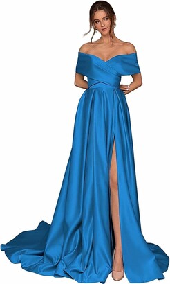 DELEND Women Sexy Off Shoulder Prom Dress Long Satin Party Dress Empire Waist High Slit Formal Evening Gowns with Pockets Black