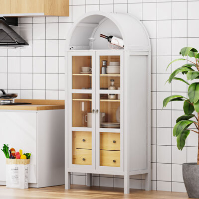 Ophelia & Co. Auto Sensor Light Glass Doors Cabinet Mdf Vintage Farmhouse For Living Room And Kitchen