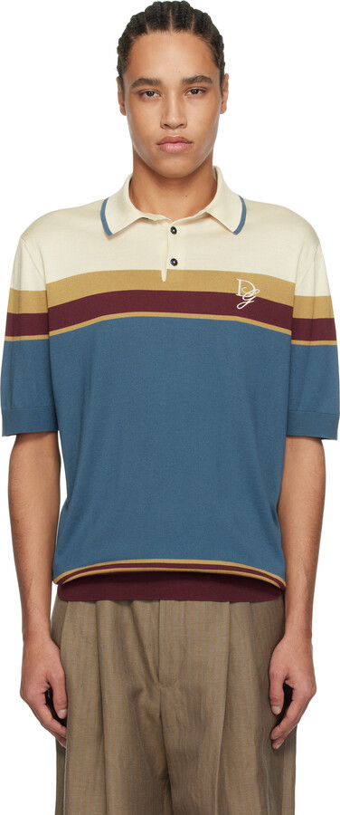 Dolce & Gabbana White & Blue Logo Embroidered Silk Polo