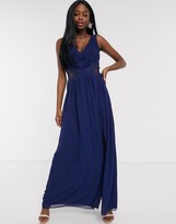 Thumbnail for your product : Little Mistress plunge pleat maxi dress with lace insert in navy