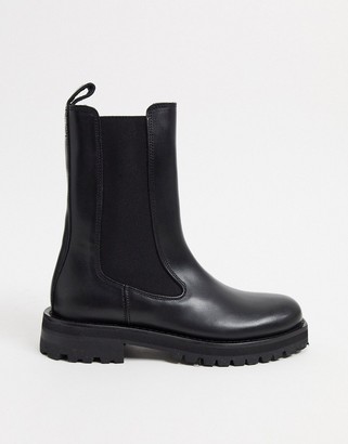 And other stories & leather tall chunky flat boots in black
